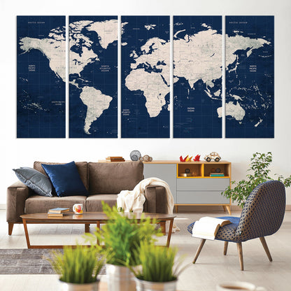 Push Pin World Map Canvas Print – Framed Wall Art for Couples to Track Their Travels – Anniversary Gift or Home Adventure Decor