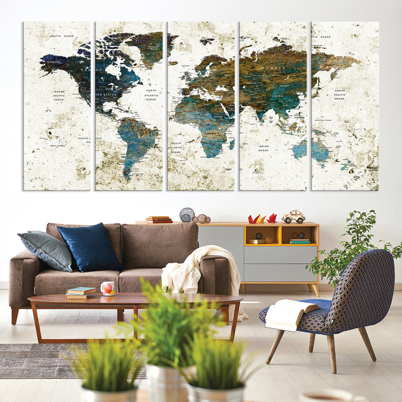 Vintage World Map Wall Art Canvas Print, Framed Rustic Earth Map Art Picture Print, Antique Map Perfect Rustic Vintage Decor Artwork