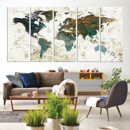 Vintage World Map Wall Art Canvas Print, Framed Rustic Earth Map Art Picture Print, Antique Map Perfect Rustic Vintage Decor Artwork