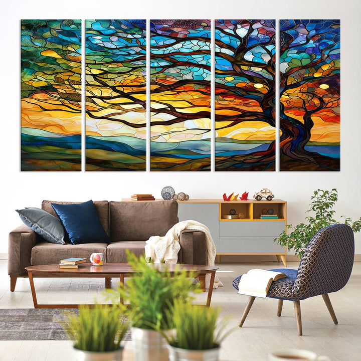 A vivid Tree of Life in stained glass style is depicted with twisted branches, a colorful sky, and hills on a ready-to-hang canvas.