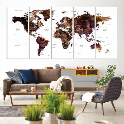 Push Pin World Map Canvas Print – Framed Wall Art for Couples to Track Their Travels – Anniversary Gift or Home Adventure Decor