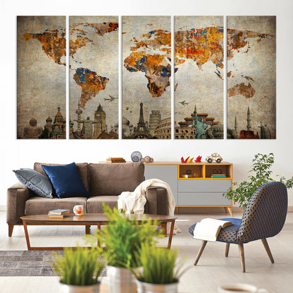 Push Pin World Map Canvas Print – Framed Wall Art for Couples to Track Their Travels – Anniversary Gift or Home Adventure Decor