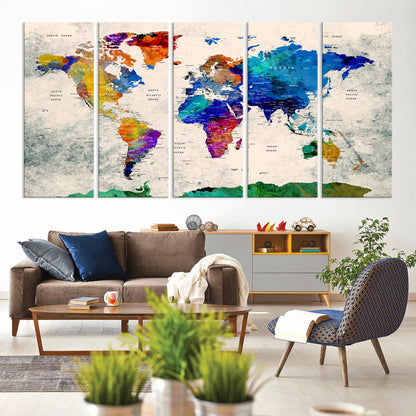 Push Pin World Map Canvas Print – Framed Wall Art for Couples to Track Their Travels – Anniversary Gift or Home Adventure Decor