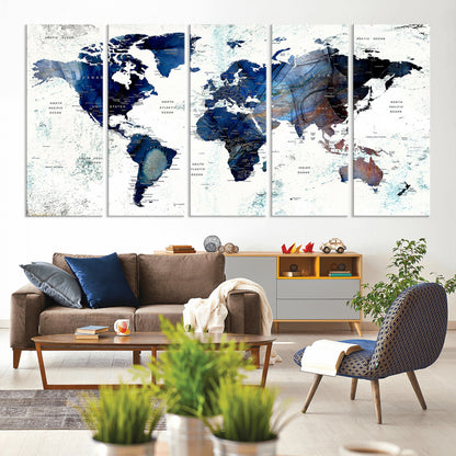 Push Pin World Map Canvas Print – Framed Wall Art for Couples to Track Their Travels – Anniversary Gift or Home Adventure Decor