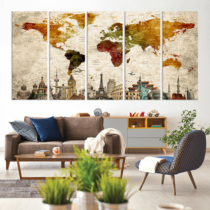 Push Pin World Map Canvas Print – Framed Wall Art for Couples to Track Their Travels – Anniversary Gift or Home Adventure Decor