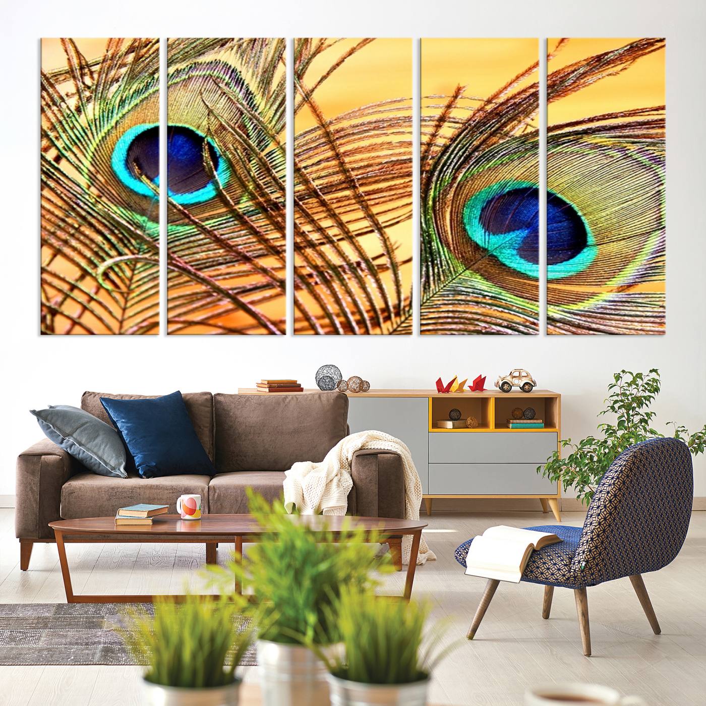 Peacock Feather Wall Art Print - Vibrant Green, Blue, and Orange Peacock Feather Design, Ready to Hang