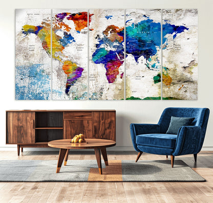 Push Pin World Map Canvas Print – Framed Wall Art for Couples to Track Their Travels – Anniversary Gift or Home Adventure Decor