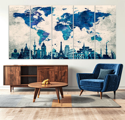 Navy Blue World Map Canvas Print, Wonder of World Map Push Pin Canvas Print