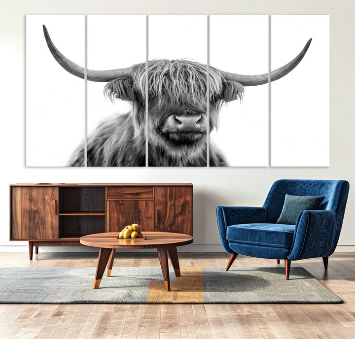 Scottish Highland Cow Cattle Art Print Wall Art Canvas Print for Farmhouse Decor, Framed Scottish Highland Cow Canvas
