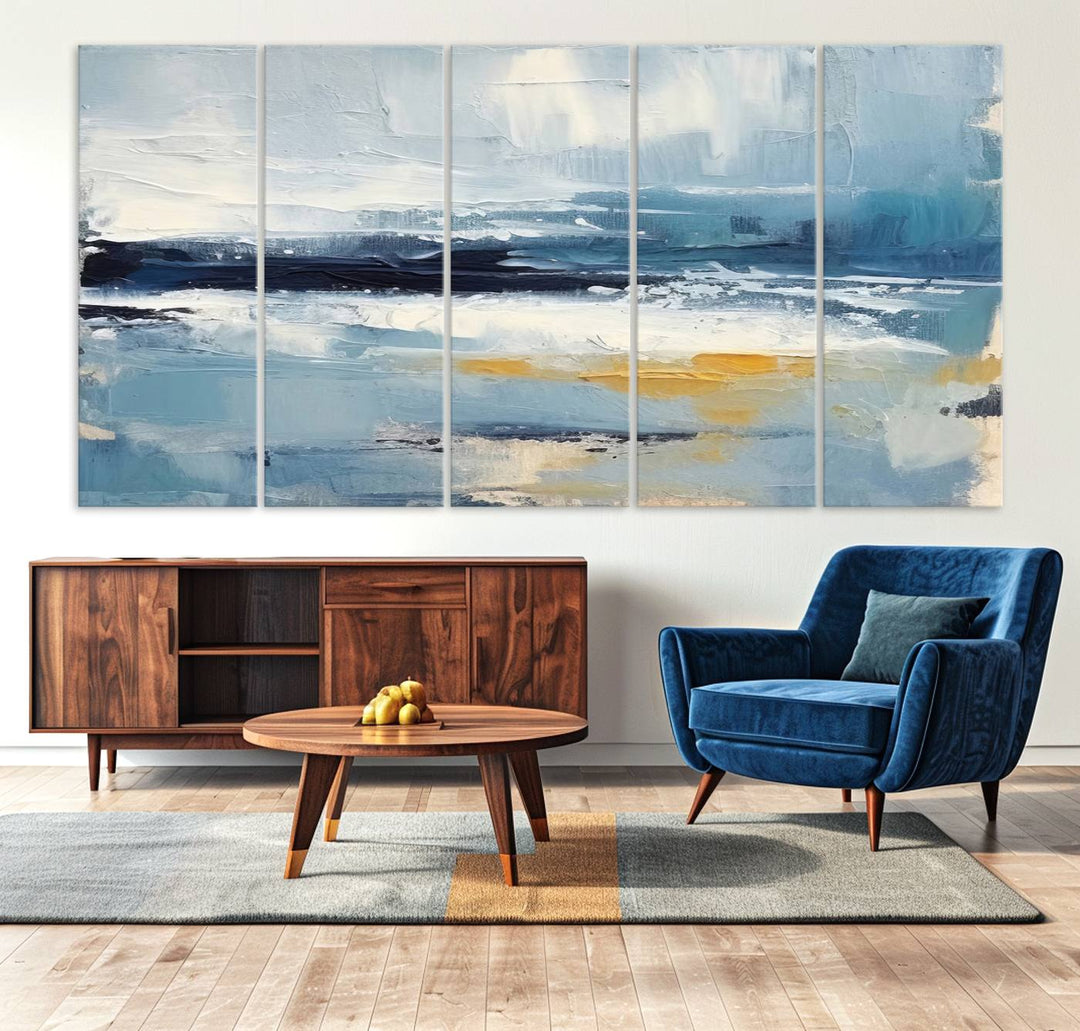 Abstract Ocean Canvas Wall Art - Coastal Blue and Gold Textured Painting, Modern Seascape Decor for Living Room Decor
