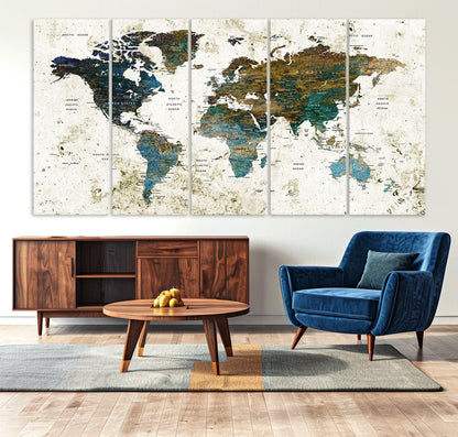 Vintage World Map Wall Art Canvas Print, Framed Rustic Earth Map Art Picture Print, Antique Map Perfect Rustic Vintage Decor Artwork