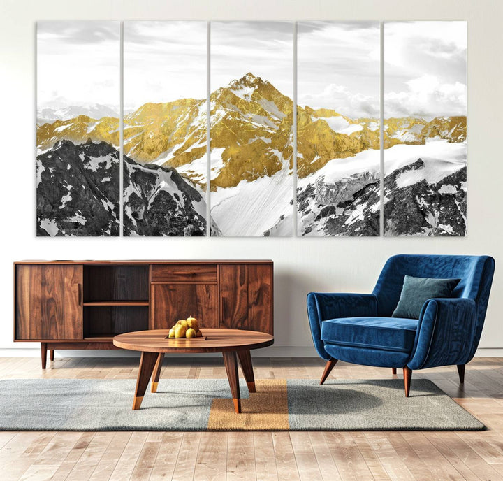 Gold Abstract Mountains Wall Art Print on Canvas.