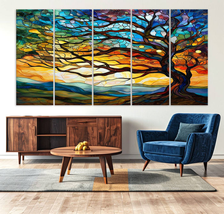 A vivid Tree of Life in stained glass style is depicted with twisted branches, a colorful sky, and hills on a ready-to-hang canvas.