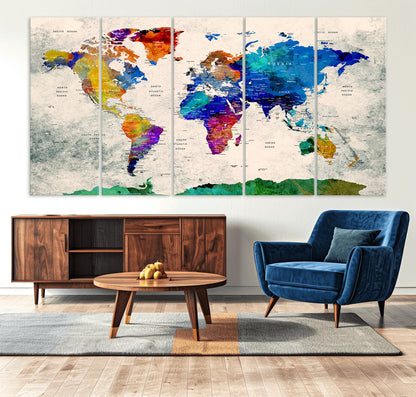 Push Pin World Map Canvas Print – Framed Wall Art for Couples to Track Their Travels – Anniversary Gift or Home Adventure Decor