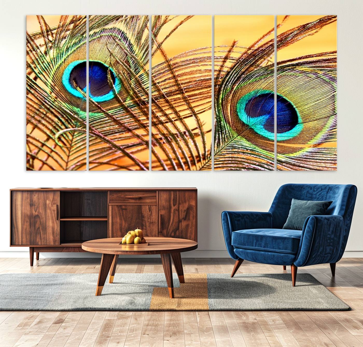 Peacock Feather Wall Art Print - Vibrant Green, Blue, and Orange Peacock Feather Design, Ready to Hang