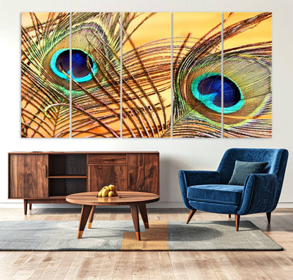 Peacock Feather Wall Art Print - Vibrant Green, Blue, and Orange Peacock Feather Design, Ready to Hang