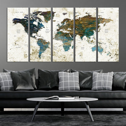 Vintage World Map Wall Art Canvas Print, Framed Rustic Earth Map Art Picture Print, Antique Map Perfect Rustic Vintage Decor Artwork