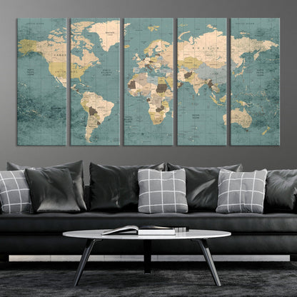 Classic World Map Wall Art Canvas Print, Framed Retro Map Art Picture Print, Vintage Atlas Perfect Rustic Explorer Decor Artwork
