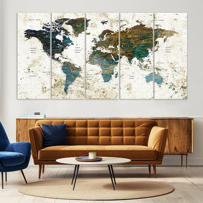 Vintage World Map Wall Art Canvas Print, Framed Rustic Earth Map Art Picture Print, Antique Map Perfect Rustic Vintage Decor Artwork