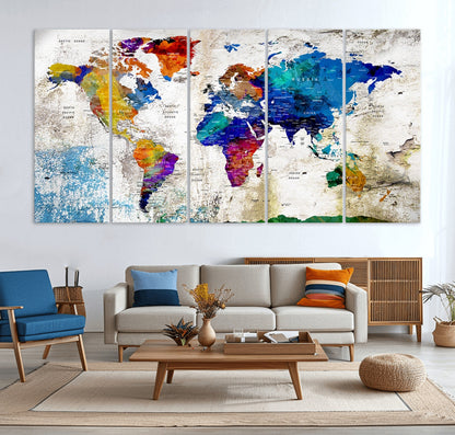 Push Pin World Map Canvas Print – Framed Wall Art for Couples to Track Their Travels – Anniversary Gift or Home Adventure Decor