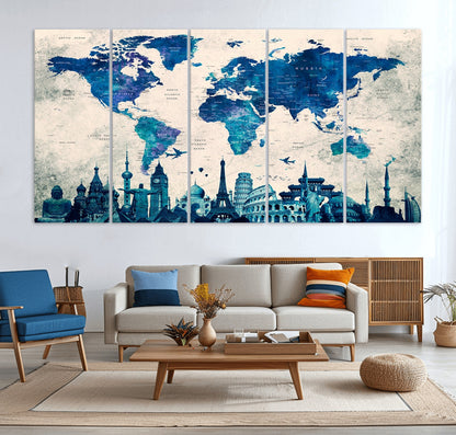 Navy Blue World Map Canvas Print, Wonder of World Map Push Pin Canvas Print