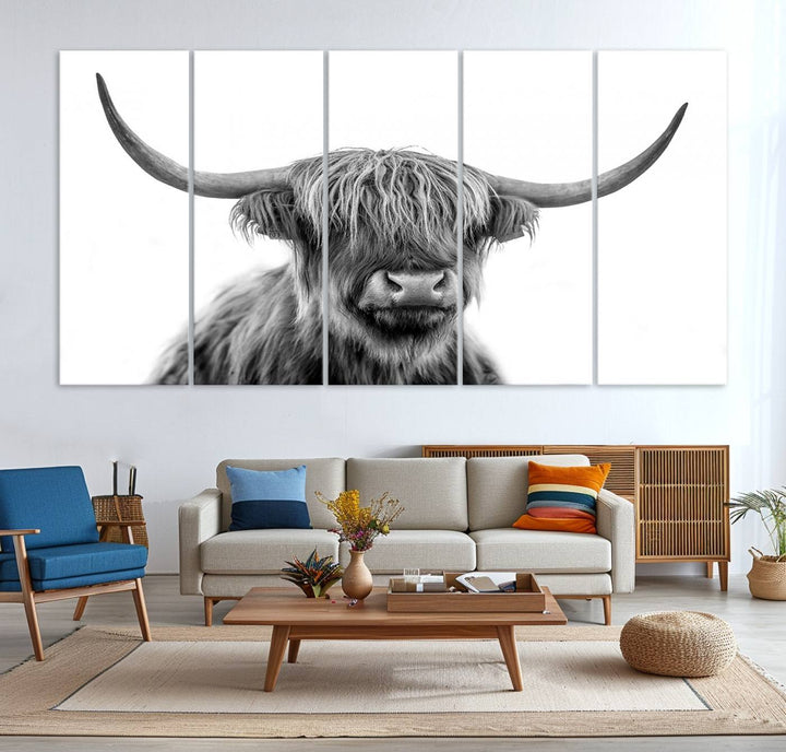 Scottish Highland Cow Cattle Art Print Wall Art Canvas Print for Farmhouse Decor, Framed Scottish Highland Cow Canvas