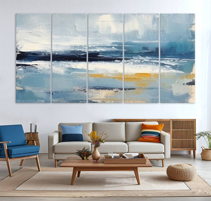 Abstract Ocean Canvas Wall Art - Coastal Blue and Gold Textured Painting, Modern Seascape Decor for Living Room Decor