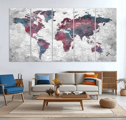 Push Pin World Map Canvas Print – Framed Wall Art for Couples to Track Their Travels – Anniversary Gift or Home Adventure Decor