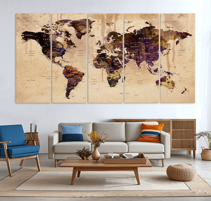 Push Pin World Map Canvas Print – Framed Wall Art for Couples to Track Their Travels – Anniversary Gift or Home Adventure Decor
