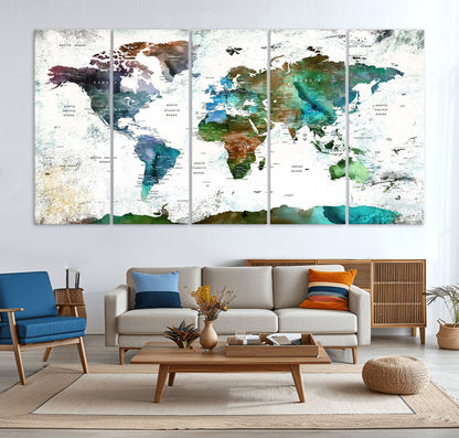 Push Pin World Map Canvas Print – Framed Wall Art for Couples to Track Their Travels – Anniversary Gift or Home Adventure Decor
