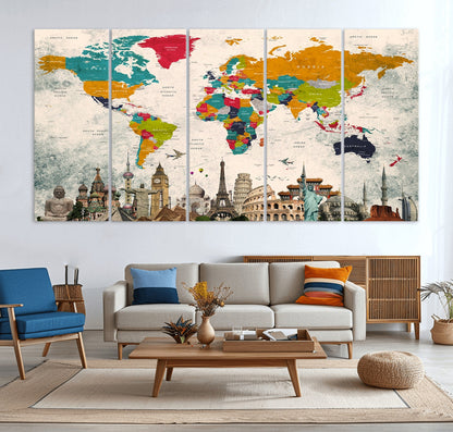 Push Pin World Map Canvas Print – Framed Wall Art for Couples to Track Their Travels – Anniversary Gift or Home Adventure Decor