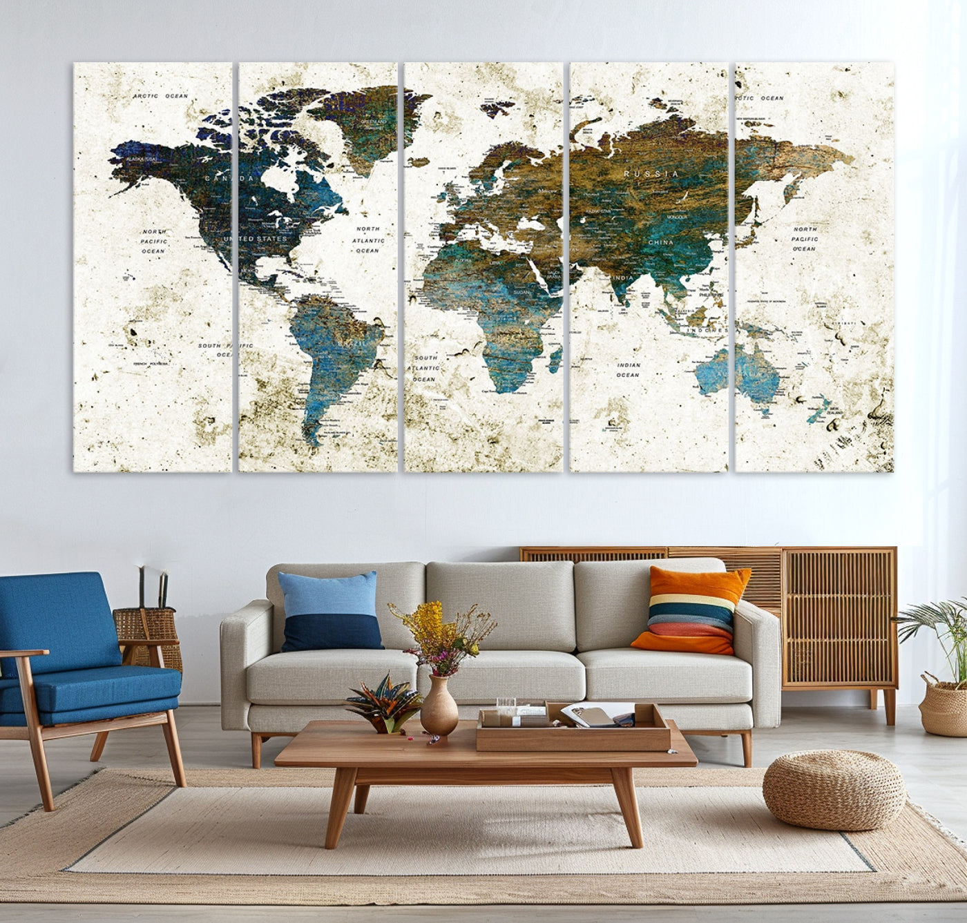 Vintage World Map Wall Art Canvas Print, Framed Rustic Earth Map Art Picture Print, Antique Map Perfect Rustic Vintage Decor Artwork