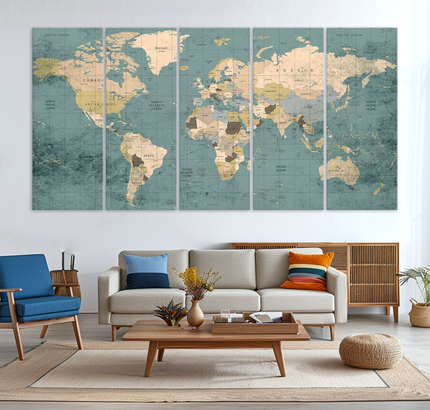 Classic World Map Wall Art Canvas Print, Framed Retro Map Art Picture Print, Vintage Atlas Perfect Rustic Explorer Decor Artwork