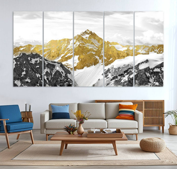 Gold Abstract Mountains Wall Art Print on Canvas.