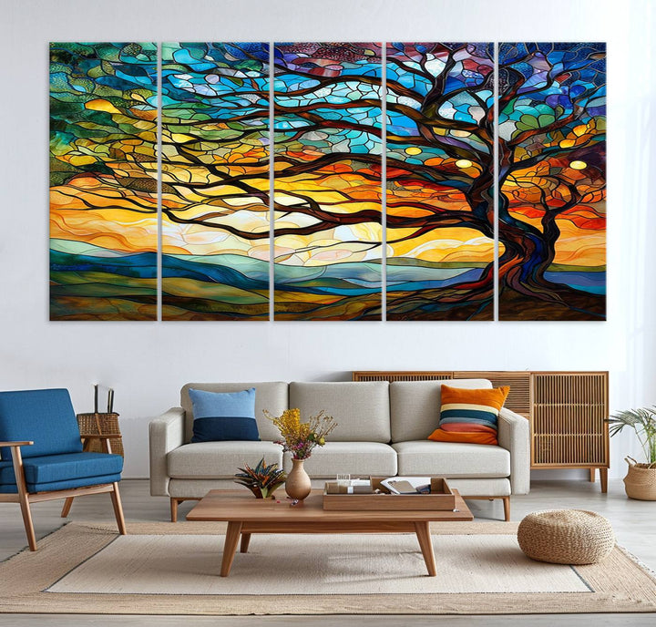A vivid Tree of Life in stained glass style is depicted with twisted branches, a colorful sky, and hills on a ready-to-hang canvas.