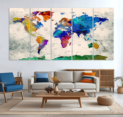 Push Pin World Map Canvas Print – Framed Wall Art for Couples to Track Their Travels – Anniversary Gift or Home Adventure Decor