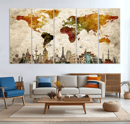 Push Pin World Map Canvas Print – Framed Wall Art for Couples to Track Their Travels – Anniversary Gift or Home Adventure Decor