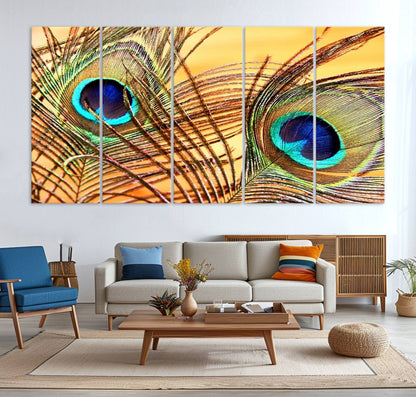 Peacock Feather Wall Art Print - Vibrant Green, Blue, and Orange Peacock Feather Design, Ready to Hang