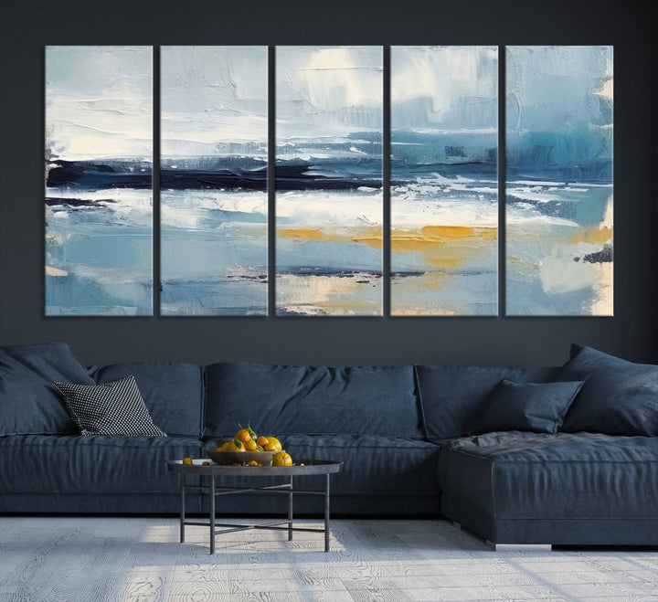 Abstract Ocean Canvas Wall Art - Coastal Blue and Gold Textured Painting, Modern Seascape Decor for Living Room Decor