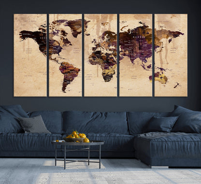 Push Pin World Map Canvas Print – Framed Wall Art for Couples to Track Their Travels – Anniversary Gift or Home Adventure Decor