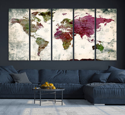 Push Pin World Map Canvas Print – Framed Wall Art for Couples to Track Their Travels – Anniversary Gift or Home Adventure Decor