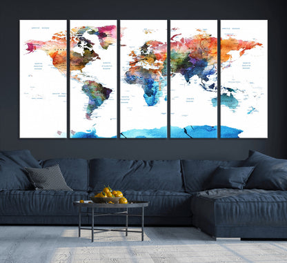 Push Pin World Map Canvas Print – Framed Wall Art for Couples to Track Their Travels – Anniversary Gift or Home Adventure Decor