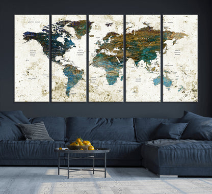 Push Pin World Map Canvas Print – Framed Wall Art for Couples to Track Their Travels – Anniversary Gift or Home Adventure Decor