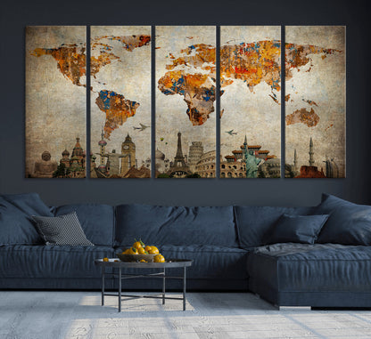 Push Pin World Map Canvas Print – Framed Wall Art for Couples to Track Their Travels – Anniversary Gift or Home Adventure Decor