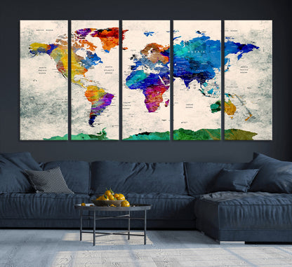Push Pin World Map Canvas Print – Framed Wall Art for Couples to Track Their Travels – Anniversary Gift or Home Adventure Decor