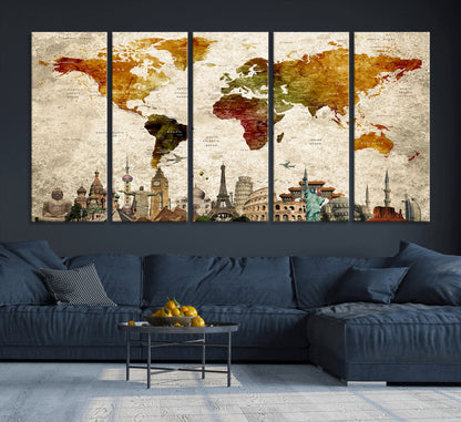 Push Pin World Map Canvas Print – Framed Wall Art for Couples to Track Their Travels – Anniversary Gift or Home Adventure Decor