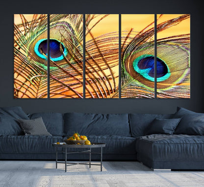Peacock Feather Wall Art Print - Vibrant Green, Blue, and Orange Peacock Feather Design, Ready to Hang