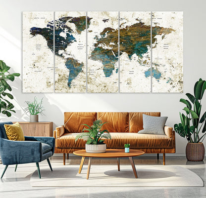 Vintage World Map Wall Art Canvas Print, Framed Rustic Earth Map Art Picture Print, Antique Map Perfect Rustic Vintage Decor Artwork