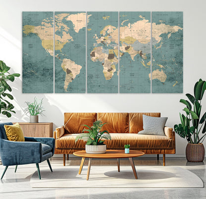 Classic World Map Wall Art Canvas Print, Framed Retro Map Art Picture Print, Vintage Atlas Perfect Rustic Explorer Decor Artwork