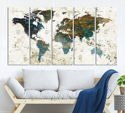 Vintage World Map Wall Art Canvas Print, Framed Rustic Earth Map Art Picture Print, Antique Map Perfect Rustic Vintage Decor Artwork